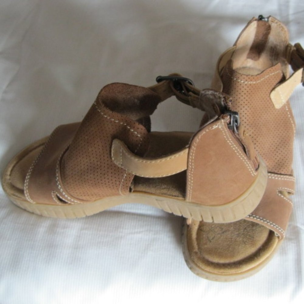 Tan Comfortiva booties with zipper back and buckle  - 6.5   - open toe